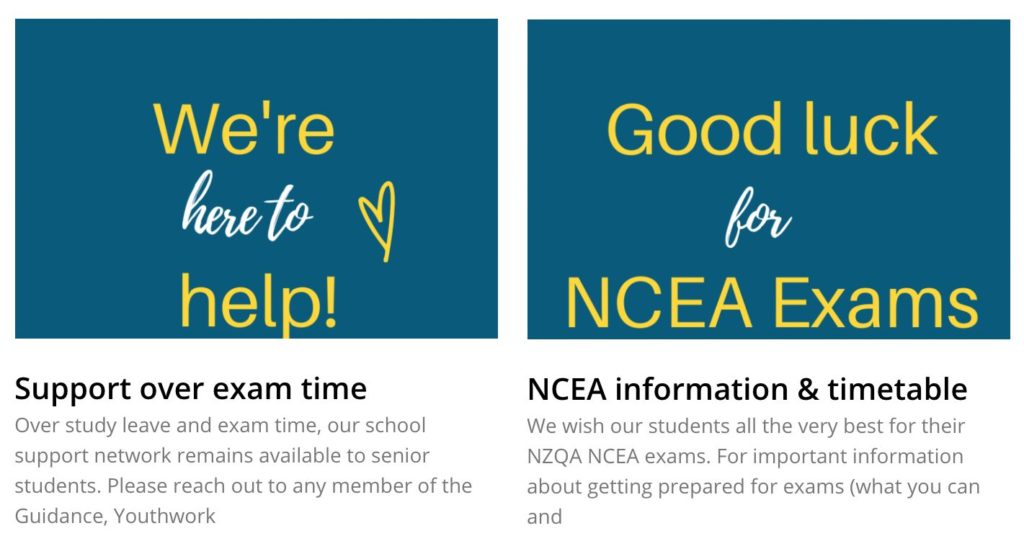 Exam support and NCEA information and timetable content