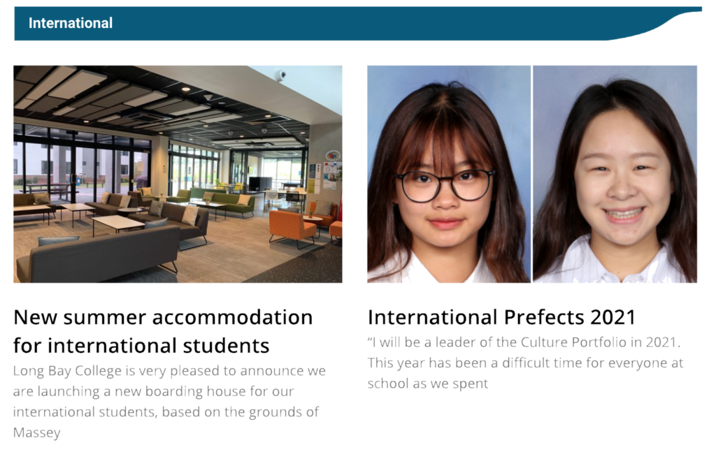 International Students section in School Digital Newsletter