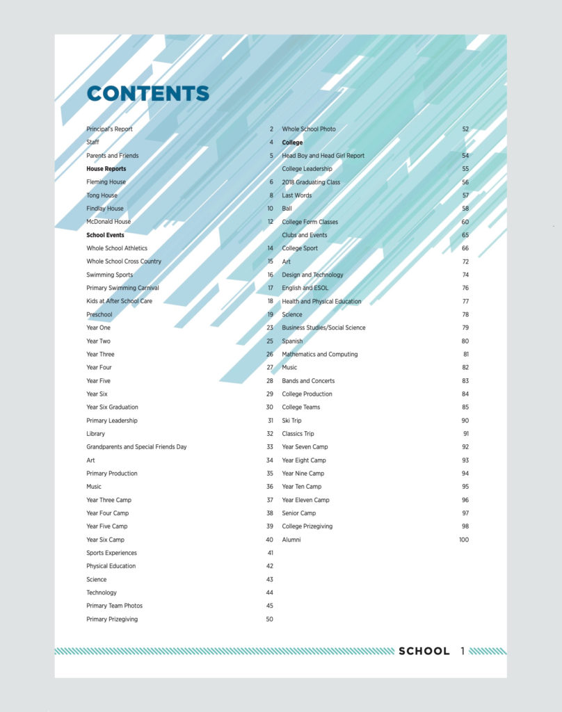 ACG Sunderland 2018 Yearbook Contents, blue and white design on page