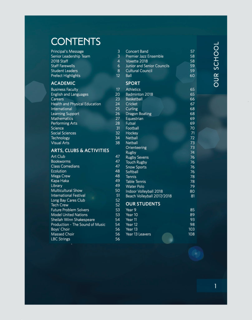 LBC dark yearbook contents page