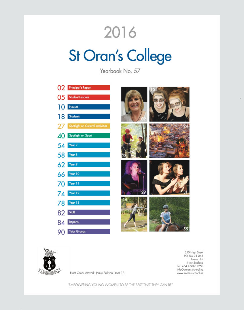 St Oran's College 2016 Yearbook contents page, rainbow colours and photos