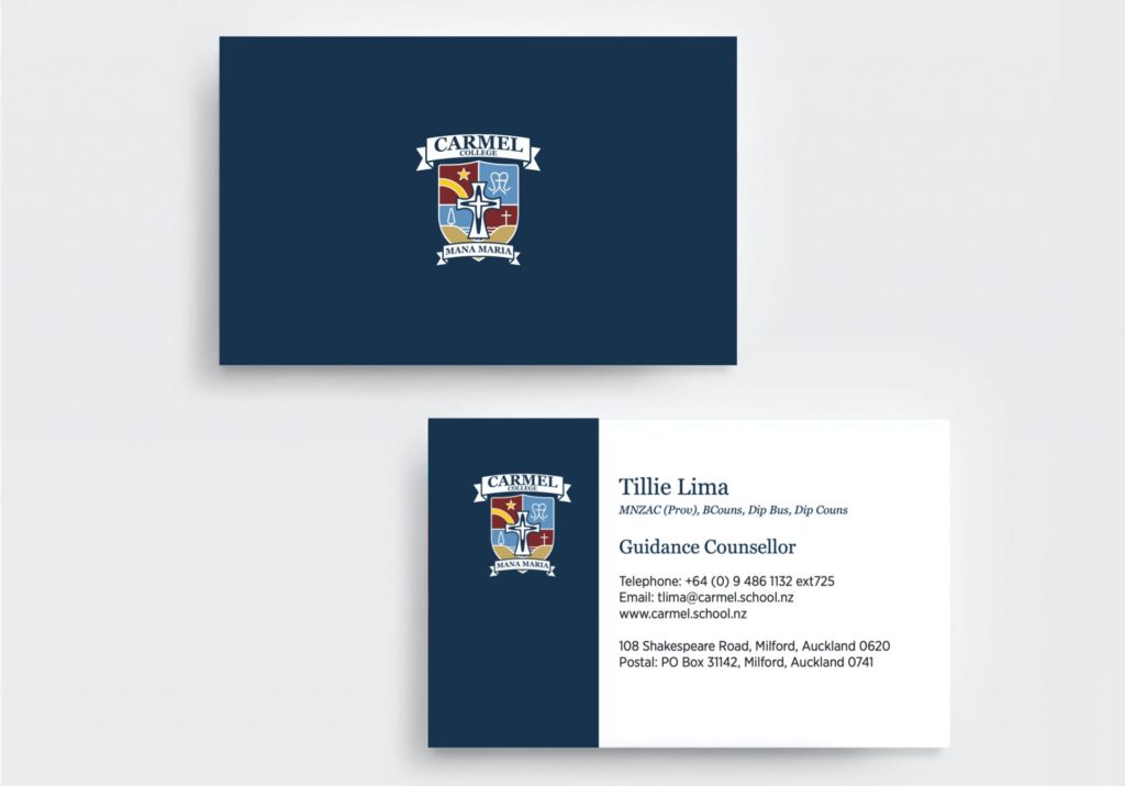 Carmel College Navy and White school business cards design