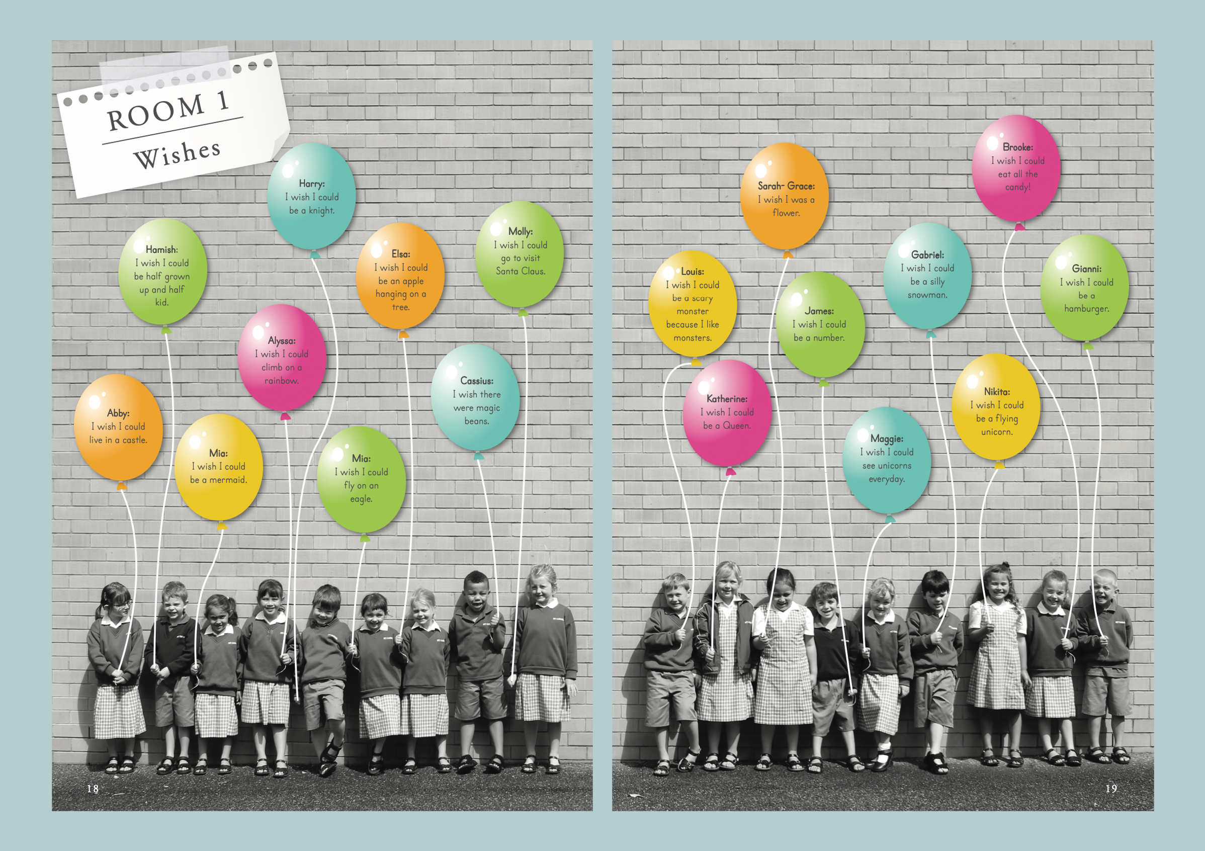 Black and white class photo with coloured balloons