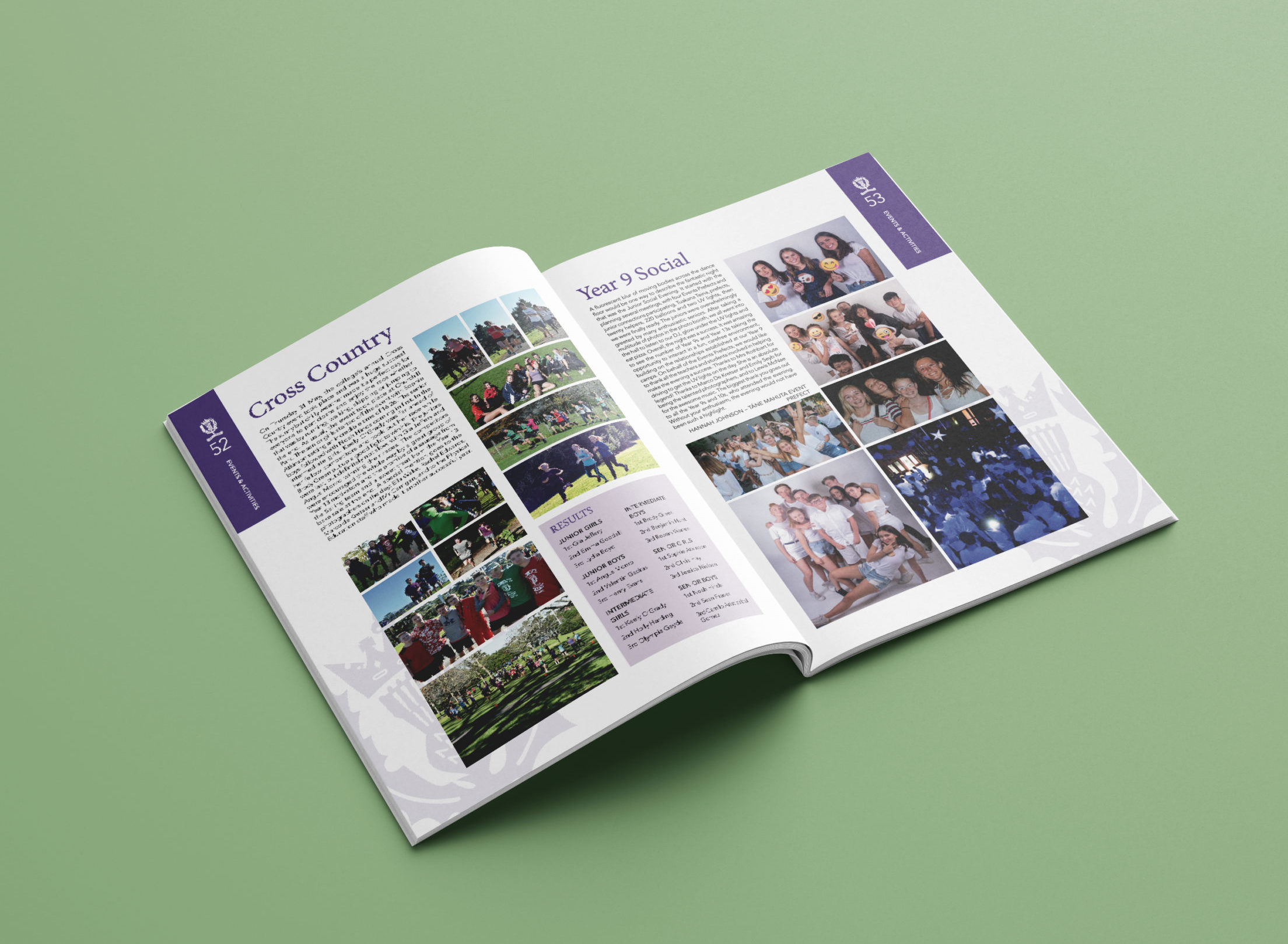 Royal purple coloured school yearbook spread