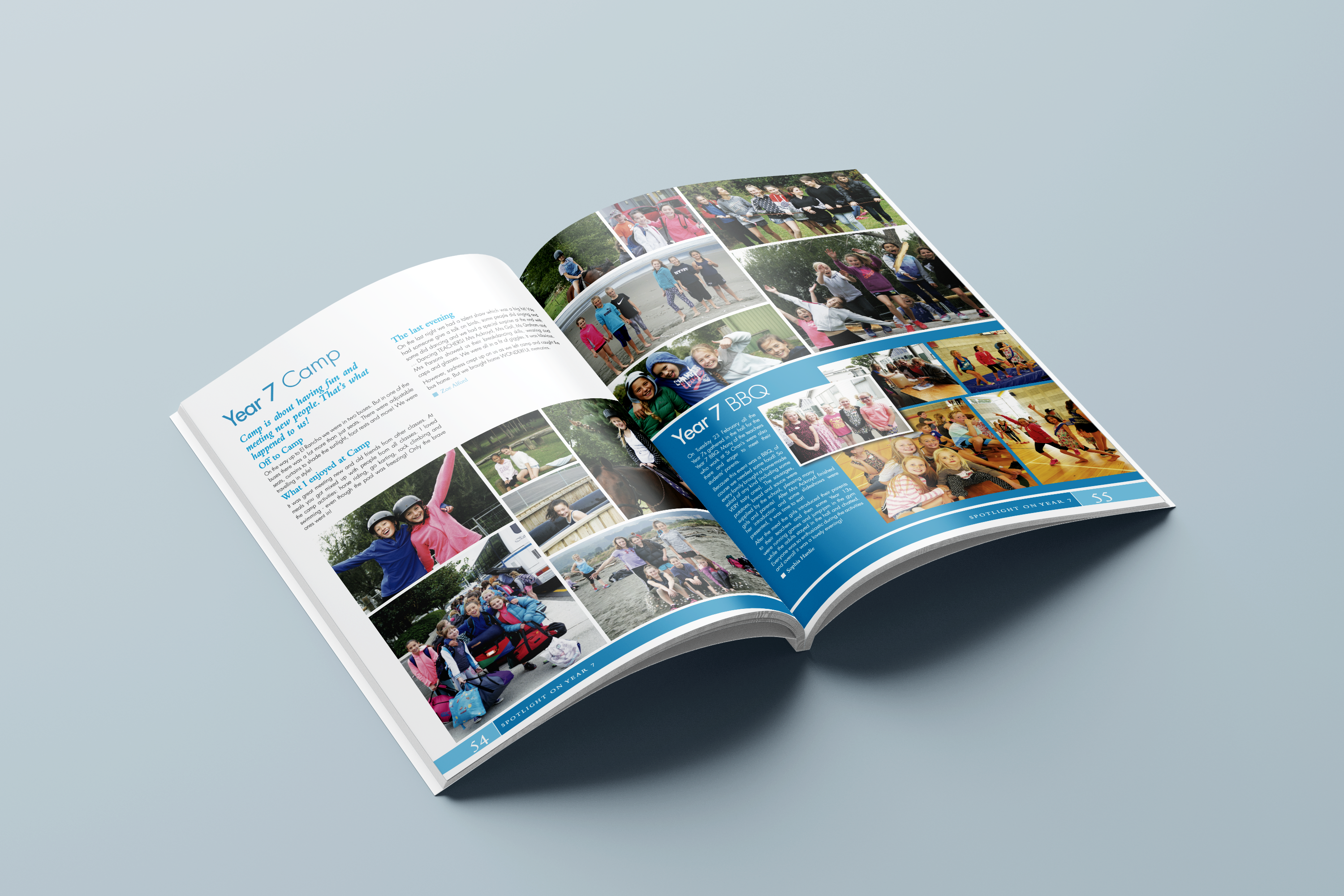 Blue and white print yearbook layout