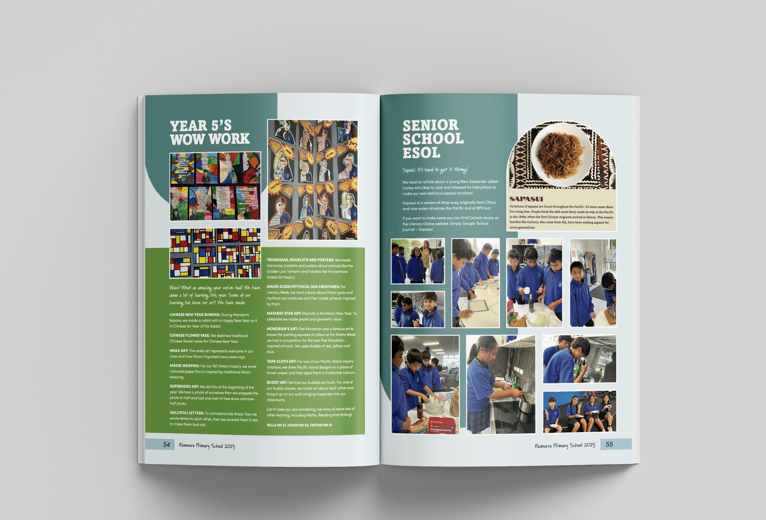 Blue and green yearbook layout